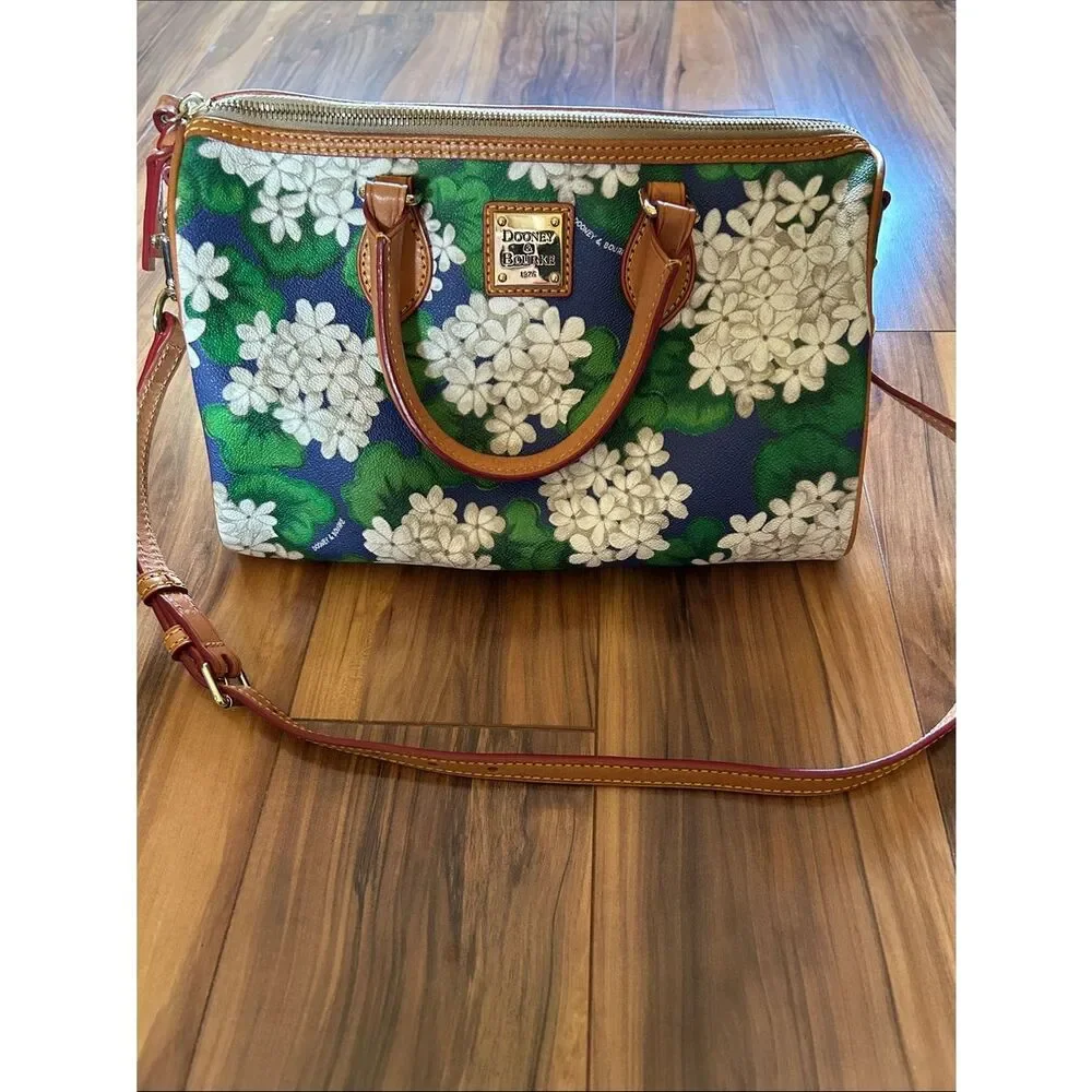 Dooney & Bourke Hydrangea Floral Pebble Grain Leather Satchel with Tan Trim